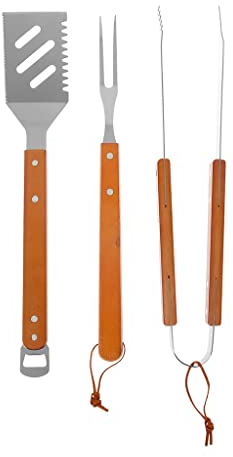 I LOVE BBQ - Grillutensilien-Set - 3-teiliges Grillbesteck aus Edelstahl - Material: 1 Schneebesen, 1 Spatel, 1 Zange - Länge: 40 cm - Griff aus Akazienholz