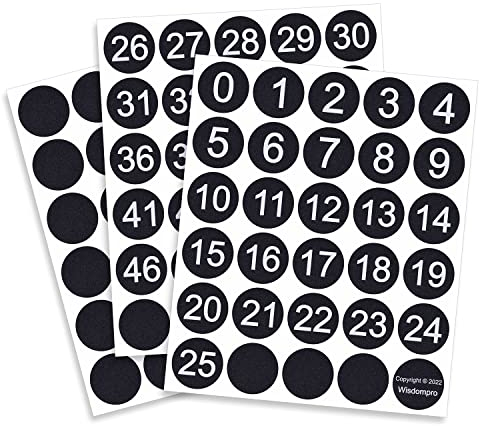Wisdompro Zahlen Aufkleber Schwarz 0-50, Klebezahlen Wetterfest 3,8 cm Durchmesser, Selbstklebende Zahlen für Inventarisierung, Organisation (6 Blatt, 180 Stück)