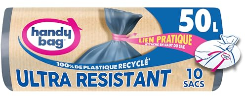 Handy Bag Sacs poubelle à liens pratique Ultra Résistant & Fond anti-fuite, 100% plastique recyclé, 1 rouleau de 10 sacs poubelle 50L