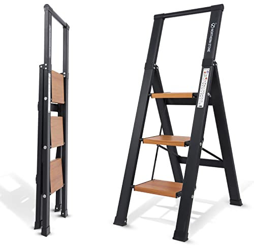 EPROSMIN Step Ladder 3 Step Stool with Integrated Handrail, Aluminum Ladders with Anti-Slip Wide 3 Tread, Folding Steps Anti-Slip 150kgs Capacity Safety Household Ladder (Black)