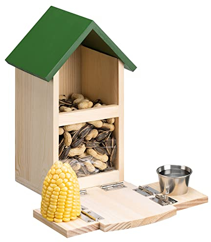 Navaris Eichhörnchen Futterhaus wetterfest aus Kiefernholz - Futterkasten 23x15x26cm - Futterautomat für Garten Balkon - Futterstation mit Wasserschale