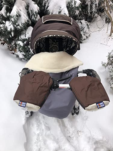 Handwärmer für Kinderwagen, warmer Handmuff mit Merinowolle Innenfutter, Universalgröße für Buggy, Jogger, Radanhänger (Braun Handschuhe)