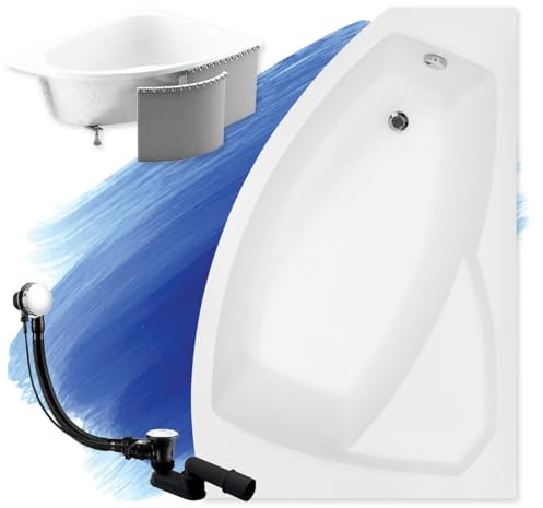 BADLAND Badewanne Original Weiß Acryl Wanne Eckbadewanne RIMA 140x90 Rechts KOMPLETTSET SET mit Premium Styroporverkleidung + Füßen und Exklusive Chrom Automatik Ablaufgarnitur Made in EU 4in1