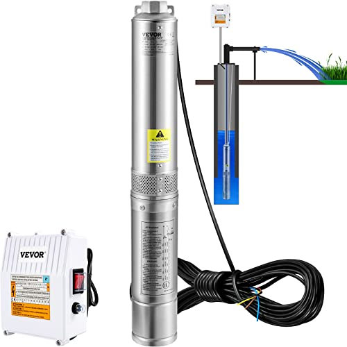 VEVOR Bomba sumergible de pozo profundo, 3HP 230V/60Hz, 37GPM cabeza de 600 pies, con cable de 33 pies y caja de control externa, bombas de agua de acero inoxidable de 4 pulgadas para uso industrial,