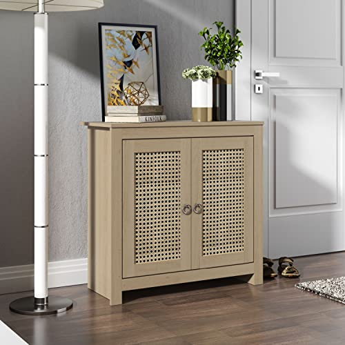 Galano Joreen 12 Pairs Shoe Cabinet with Rattan Effect, Modern Shoe Rack, Standing Footwear Organizer with Shelves for Home, Office, Oak