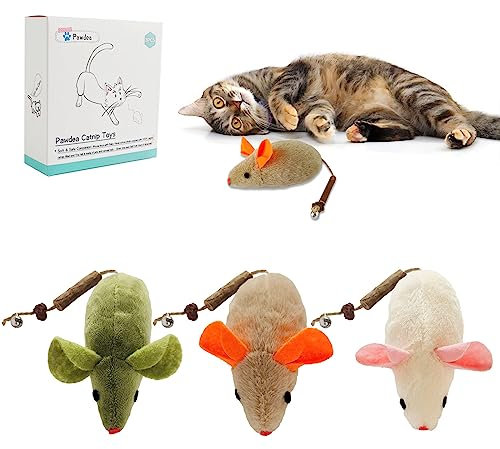 Pawdea Cat Toys 3Pcs Large Squeak Mice, Interactive Catnip Silvervine Chew Toys for Indoor Cats & Kittens, 8.9 Organic Mouse Toys with Bell, Dental Matatabi Cat Nip Toy for Exercise & Play