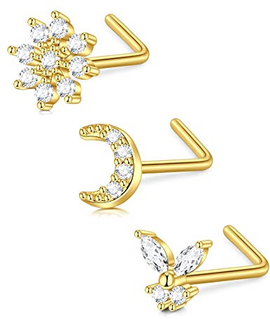 Briana Williams 3stk Gold Nasenpiercing L Form Nasenstecker 0.8mm Chirurgenstahl Piercing Nase Stecker Mond Herz Kristall