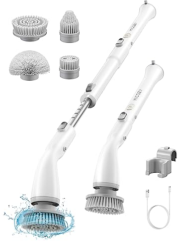 Hicozy Electric Spin Scrubber, Cordless Electric Cleaning Brush with Adjustable Extension Arm, Power Scrubber with 4 Replaceable Brush Heads for Bathroom, Shower, Tile, Floor, Car,White