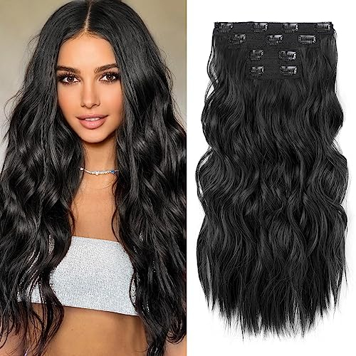 REECHO Clip in Extensions, 4PC Hair Extensions Clip in Haarverlängerungen 60 cm Dicke Lange Strandwellen Haarteile Unsichtbare Spitze Natürliche weiche Haarteile - Schwarz