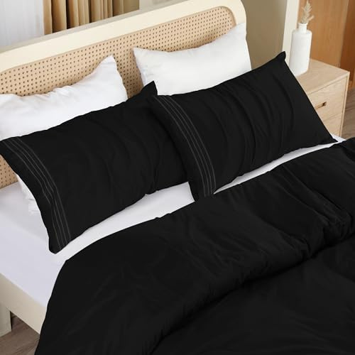 Utopia Bedding Bettwäsche 200x200 Set - Mikrofaser Bettbezug 200x200 cm + 2 Bestickte Kissenbezüge 50x75 cm - Schwarz