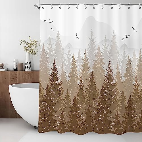 GCIREC Tan Misty Forest Duschvorhang, Brauner Tannenbaum Nebliger Wald Waldland Berg Natur Badezimmer Vorhang Home Decor Wasserdichtes Gewebe Maschine Waschbar mit 8 PCS Haken,120x180cm
