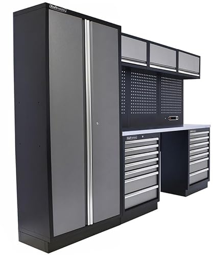 Kraftmeister Werkstatteinrichtung - Männerküche mit 7 Schubladen und 4 Schränken - Werkzeugschrank, Garage - modulares Werkbank mit Edelstahl Arbeitsplatte und Werkzeugwand - Grau