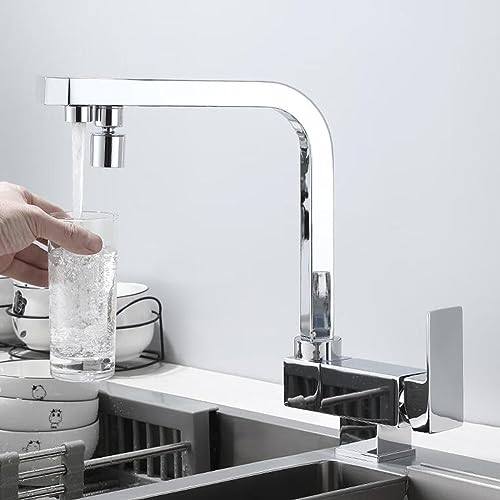 Grifo 3 Vias Osmosis Plegable Grifo de Cocina 3 en 1 Latón Agua Fría y Caliente Giratorio Grifo de Cocina 3 Vias para Osmosis-Cromo