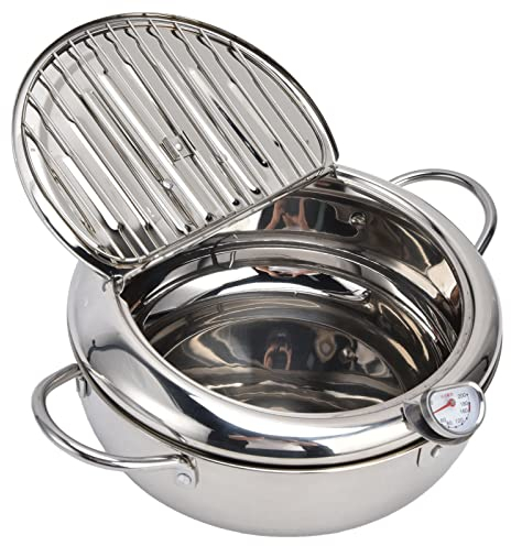Fryer with oil cold zone technology, stainless steel Japanese deep fryer with thermometer and oil drainer, small fryer for french fries, fish and crispy meat (steel color)