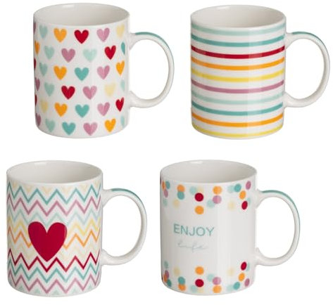 LOLAhome Juego de 4 taza mug de corazones multicolor de cerámica de 340 ml