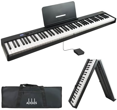 Axus 88 Key Portable Folding Digital Piano Keyboard, Full Size Semi-Weighted Keys, Sustain Pedal, Rechargeable Battery - Black