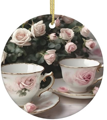 Funny Xmas Ceramic Ornament, Christmas Ornaments, Holiday Ornaments, Christmas Tree Home Decor - Tea Cups with Roses Romantic Shabby