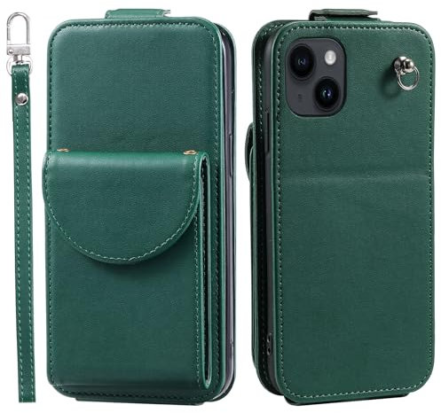 Unichthy For iPhone 13 Mini Case with Strap 3 Card Slots Wallet Pocket Case Shockproof PU Leather Pocket Vertical Flip Down Stand Cover Lightweight Magnetic Purse for iPhone 13 Mini Green