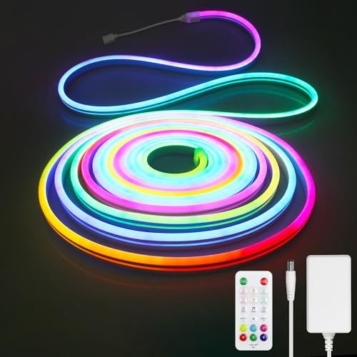 Aclorol RGB IC Neon LED Streifen 15M 24V Led Strip mit App-Steuerung Lichtband Wasserdicht Outdoor Farbwechsel Flexibel LED schlauch Arbeitet mit App-Steuerung Music Sync für Party, Wand Deko, TV