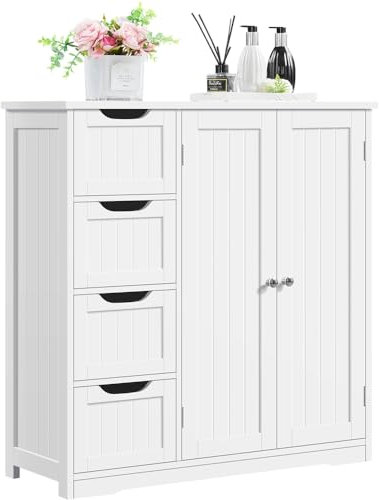 Yaheetech Meuble Salle de Bain Rangement, Armoire Toilette, avec 4 Tiroirs et 1 Large Placard, 1 Etagère Intérieure, 81 × 30 × 83 cm, Grande Commode Chambre Cuisine Blanc
