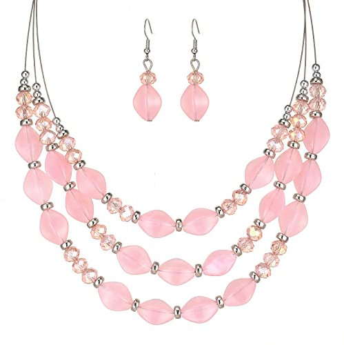 FULU AUTUMN Beaded Statement Choker Necklaces for Women Multilayered Chunky Bead Necklace Fashion Jewellery Mothers Day Gifts for Women(42-Pink1)