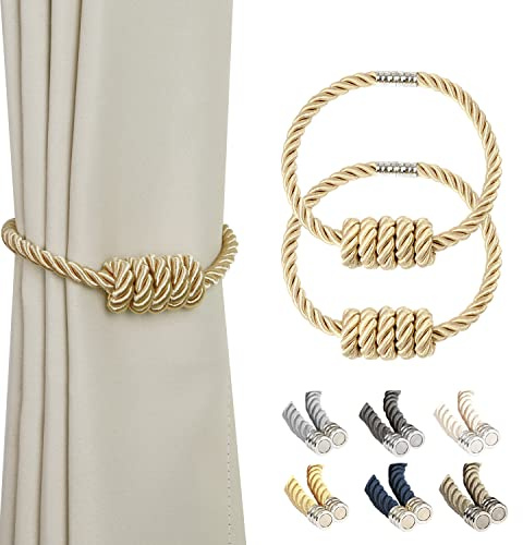 BEL AVENIR Magnetische Vorhang-Raffhalter, modern, gewebte Raffhalter mit exquisitem Knoten, Vorhanghalter für Heimdekoration (Gold, 2 Stück)