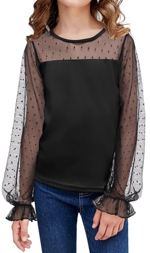 Arshiner Girls Long Sleeve Top Chiffon Kids Lantern Sleeves T-Shirts Round Neck Fashion Casual Shirt Elegant Spring Fall Winter Tee Shirt for Girls 7-8 Years Black