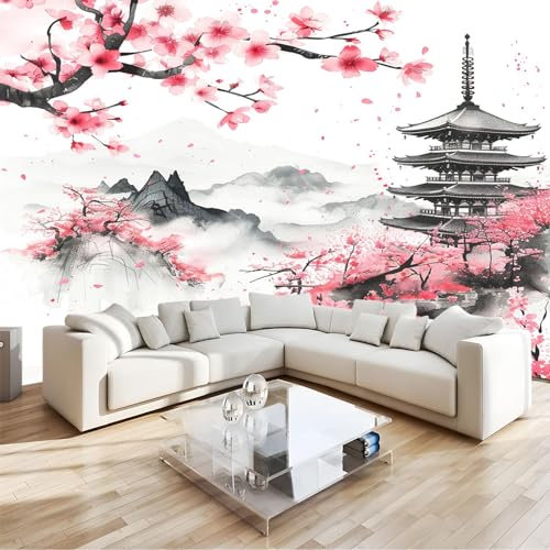 Papier Peint Intissé 250 x 175 cm Loft japonais fleurs de cerisier Panoramique Image Photo Murale Wallpaper pour Salon Chambre restaurant Chambre d’enfants Décoration Murale