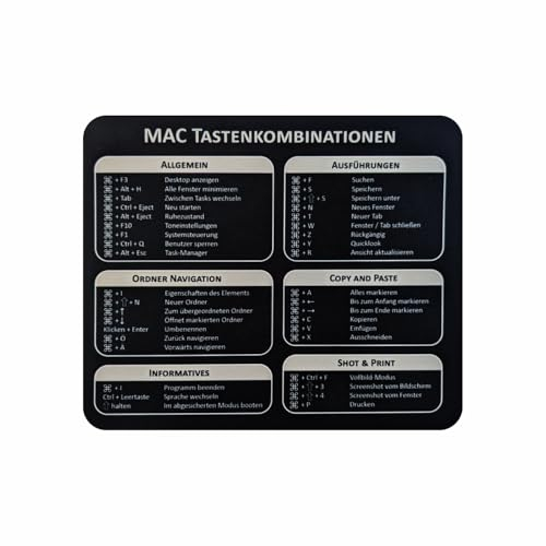 Arkero-G Mauspad - Mac Shortcuts Mouse Pad Tastaturkürzel Büro/Office Mauspad 24 x20 x 0,3 cm rutschfeste Design Tisch-Unterlage (Mac)