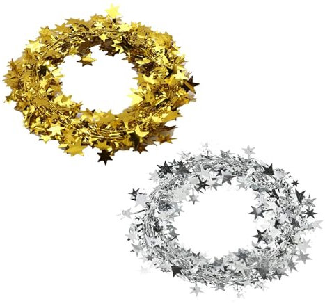 2Pcs Christmas Star Tinsel Wire Garland Tinsel for Christmas Tree Decorations Xmas Party Supplies,Silver Tinsel Gold Tinsel Hanging Christmas Decorations,7.5 Meter Shiny Star Tinsel Garland