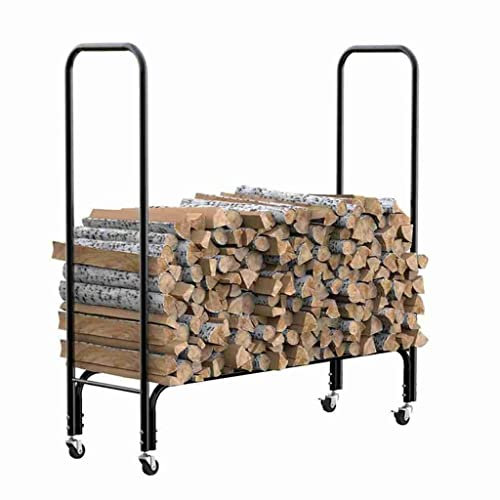 Étagère de rangement pour bois de chauffage sur roulettes – Utilisation simple pour usage domestique intérieur/extérieur – Couleur noire – Facile à déplacer et à ranger les bûches