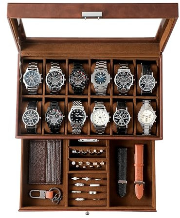 KILHS Uhrenbox für 12 Uhren, 2-stöckige Watch Box mit Glasdeckel & Schublade, Uhrenbox Herren mit Schlüsselschloss – Perfektes Männergeschenk für Ringe, Manschettenknöpfe & Uhren, Braun