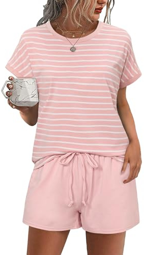 Litherday Pyjama Femme Court Coton Ensembles de Pyjama Femme Été Vêtements de Nuit Manches Courtes à Rayé et Short Court avec Poches Vêtements De Détente Doux S-XXL