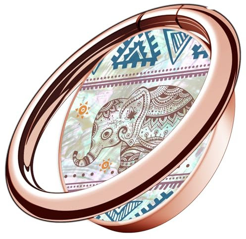 Carveit Natural Shells Cell Phone Ring Holder Metal Phone Kickstand Grip for iPhone 16 Pro Max/15/14 & Galaxy S23/S24/S25 Ultra & Pixel 7/8/9 -Rose Gold-Lotus Elephant