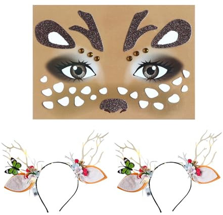 Begonia Leuchtende Haarreif Reh Geweih Rehohren, Reh Gesichtstattoo Aufkleber, Rentier Haarreif Reh Kostüm, Rentier Haarreifen, LED Reh Kostüm Damen für Karneval, Fasching, Mottoparty, Cosplay