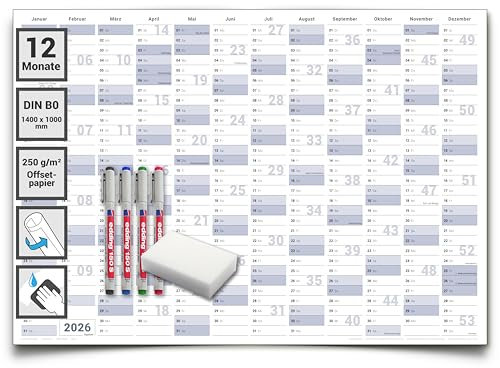 Gigatime Abwischbarer XXL Jahresplaner Wandkalender 2026. Wandplaner gerollt 140x100cm gross DIN B0 inklusive 4er Stifte-Set, Schwamm. Jahreskalender 2026, Kalender - deutsche Sprache - von Gigatime