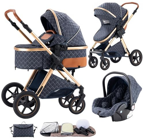 Shineey Kinderwagen 3 in 1,Puppenwagen Buggy Faltbarer Kinderwagen Set, Kombikinderwagen 3 in 1 mit Großer Bequemer Babywanne, Laufwagen Rahmen Aluminiumlegierun (H2 BLUE, H2)