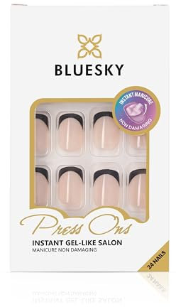 Bluesky Press On Nails - Square Tip - Black French Tip False Nails With Glue Patches, 24Pcs Press On Nails in Various Sizes, Fake Nails for Women