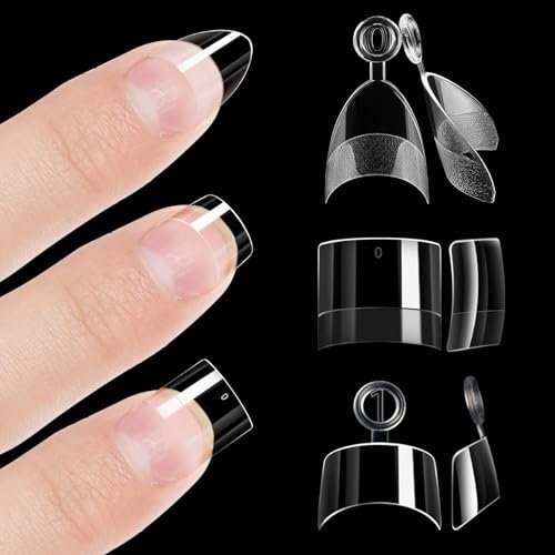 360Pcs Short Almond Gel x Nail Tips Half Cover, 12 Sizes French False Nails Tip Extensions, Half Clear Matte Fake Coffin Nail Art Tips with Assortment Box, Artificial Acrylic Nail Tips for Women