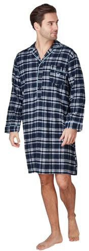 Haigman Chemise de nuit pour homme 100 % coton brossé à manches longues, Bleu marine/bleu à carreaux, XL