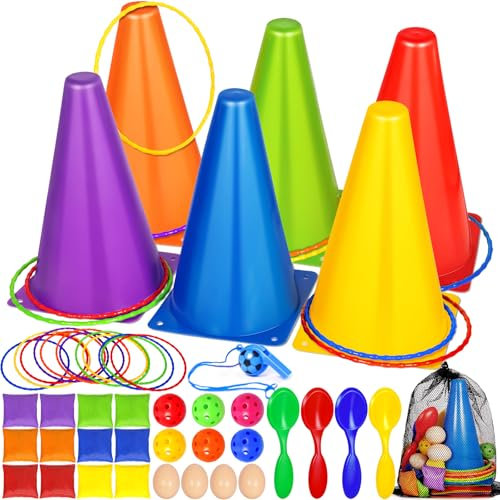 NEMMXUB 6 in 1 Karnevals Spiele Set, weiche Kunststoffkegel, Sitzsäcke, Ringwurfspiele für Kindergeburtstag,Party, Outdoor-Spiele,Zubehör, 46 teiliges Kombi-Set,Wurfspiele Outdoor Spiele Gartenspiele