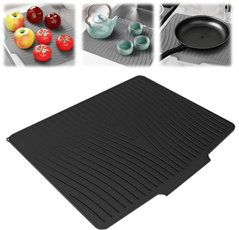Silikon-Abtropfmatte für Küchentheke, extra große Geschirrunterlage, hitze- und wasserabweisend, Silikon-Abtropfmatten mit Ablauflippe (Schwarz, 60 x 48 cm)