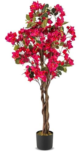COSTWAY Plante Artificielle Bougainvillier de 120 cm, Plante Fleurie Faussée en Pot de Pépinière avec Fleurs en Pleine Floraison, Fausse Arbre Décoration du Magasin Bureau Maison (Rose 1 Pack)