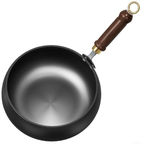 YJDOORPLAY Sartén de hierro fundido, sartén de hierro forjado a mano con mango de madera, wok antiadherente de 75 cm sin recubrimiento, sartén china tradicional multifuncional para inducción y estufa