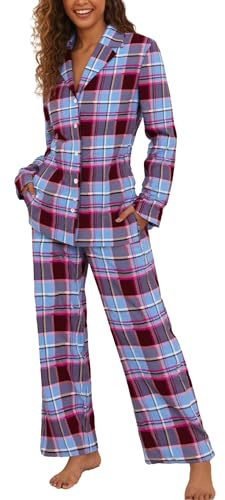 Famulily Ladies Pyjamas Button Down Sleepwear Long Sleeve Pjs Soft Comfy Nightwear with Wide Leg Pants Hot Pink M