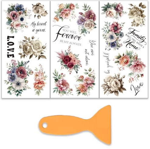 OLYCRAFT 3 Blatt/Set Rub On Transfers Mohn Pfingstrosen Möbeltransfer 15x30cm Rub On Aufkleber Rosengedicht Selbstklebende Wasserfeste Aufkleber Mit Schaber Für Die Dekoration von Fenstern Kommoden
