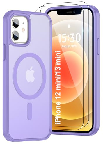 Pilaru Magnetic Case for iPhone 12 Mini/13 Mini [Compatible with MagSafe] 2X Screen Protector | Anti-Fingerprint, Shockproof, Skin-friendly Slim Fit Translucent for iPhone 12/13 Mini-Light Purple