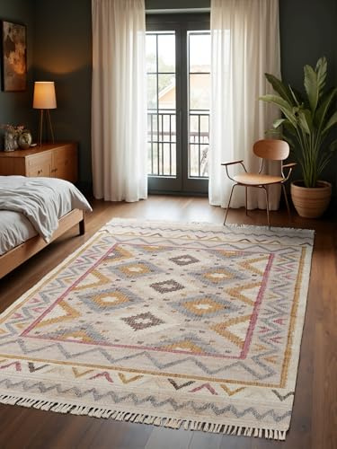 Elle Decoration Afghan Kelim Imani - Bunter Traditioneller Wohnzimmerteppich, Handgewebt, Jute & Baumwolle mit Fransen für Wohnzimmer, Schlafzimmer - Creme Multifarben, 160x230 cm
