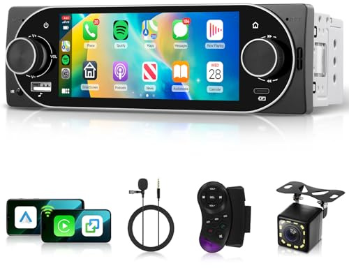 Hodozzy 1 Din Autoradio mit Wireless CarPlay/Android Auto, Radio Bluetooth Freisprecheinrichtung 1 Din Bildschirm 5,1 Zoll IPS Touchscreen FM EQ, AUX/USB/SWC/Type-C Multimedia MP5 mit Rückfahrkamera