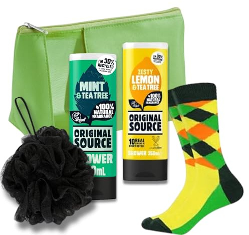 Men’s Shower Gift Set – Original Source Zesty Lemon & Tea Tree + Zingy Lime Shower Gels (250ml), Shower Loofah, Colourful Men’s Socks & Bright Green Microfibre Toiletry Bag – Perfect Gift for Him